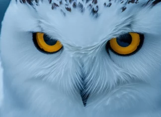 A bold close up of icy feathers surrounding the owl face.