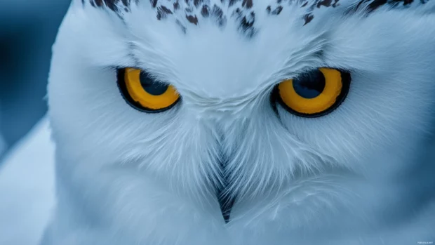 A bold close up of icy feathers surrounding the owl face.
