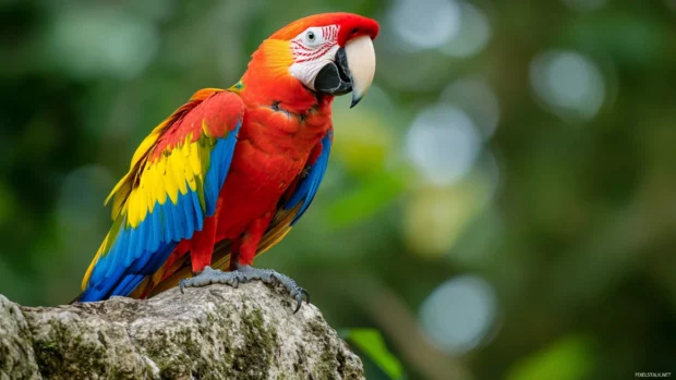 A bold composition of a macaw standing tall on a jungle cliff, gazing out across the treetops.