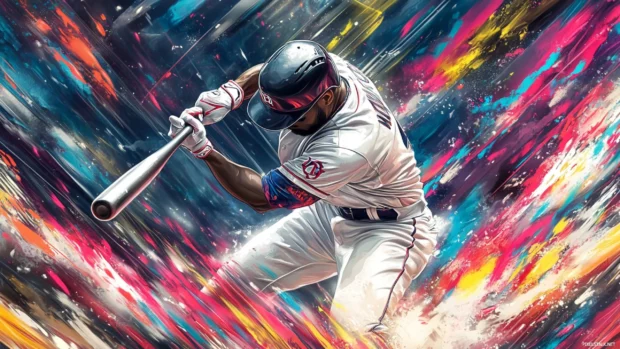 A bold graffiti style baseball mural, featuring a dynamic baseball player swinging a bat with splashes of neon paint and abstract backgrounds.