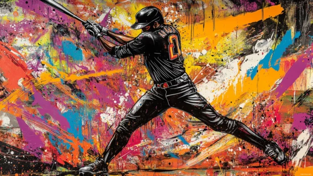 A bold graffiti style baseball mural, featuring a dynamic baseball player swinging a bat with splashes of neon paint and abstract backgrounds.