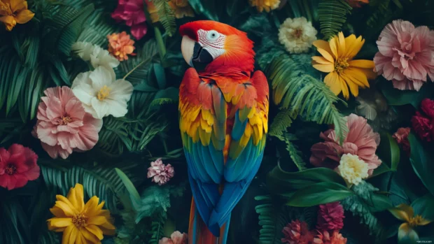 A bold vertical profile of a scarlet macaw surrounded by floating tropical flowers.