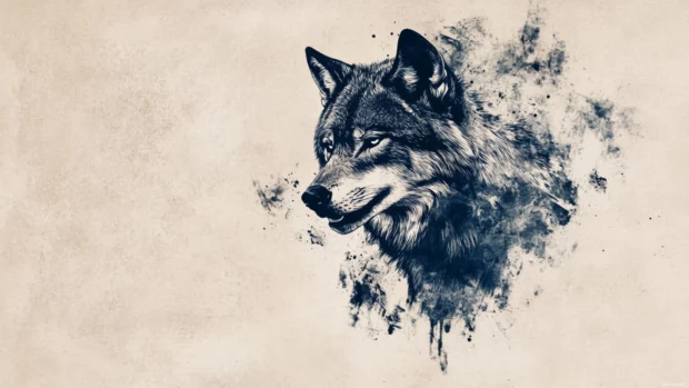 A bold watercolor wolf set against a minimal cream background with deep blue ink contrast.