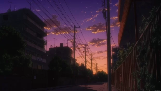 A breathtaking Anime sky at twilight, with the last light of the day casting a deep purple glow, clouds painted with soft pinks and oranges.