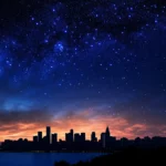 A breathtaking night sky above a cityscape, with skyscrapers silhouetted against a starry backdrop, creating a contrast between nature and urban life.