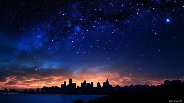 A breathtaking night sky above a cityscape, with skyscrapers silhouetted against a starry backdrop, creating a contrast between nature and urban life.
