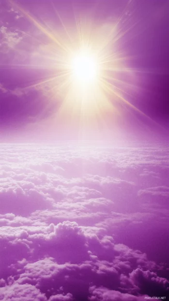 A breathtaking purple sky with a golden sun peeking through the clouds, casting a warm purple glow.