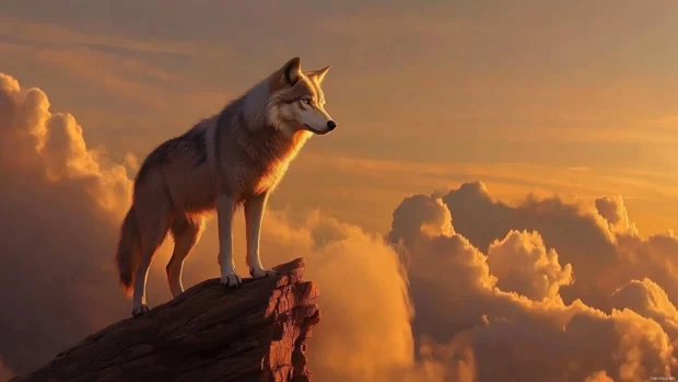 A breathtaking scene of a wolf atop a vertical ridge with clouds swirling beneath in this wolf wallpaper in the mountains.