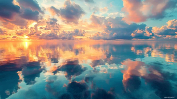 A breathtaking sunset colorful clouds reflecting on the water surface.