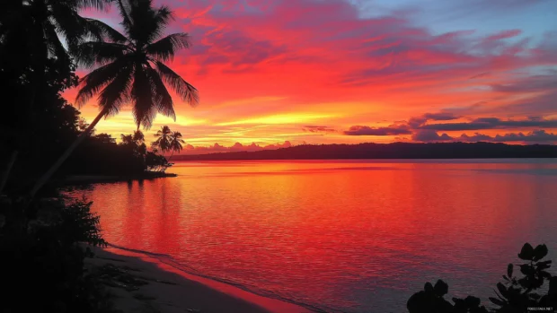 A breathtaking sunset over a tropical beach with palm trees silhouetted against the vibrant sky.