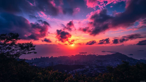 A breathtaking view of a sunrise wallpaper with city skyline captured in high definition.