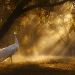 A breathtaking vision of a white peacock wandering through a misty forest, bathed in the soft glow of dawn.