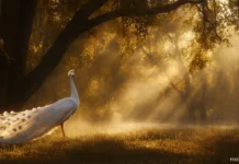 A breathtaking vision of a white peacock wandering through a misty forest, bathed in the soft glow of dawn.