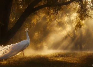 A breathtaking vision of a white peacock wandering through a misty forest, bathed in the soft glow of dawn.