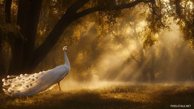 A breathtaking vision of a white peacock wandering through a misty forest, bathed in the soft glow of dawn.
