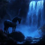 A breathtaking waterfall glows behind the unicorn in this Unicorn Wallpaper.