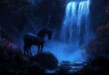A breathtaking waterfall glows behind the unicorn in this Unicorn Wallpaper.