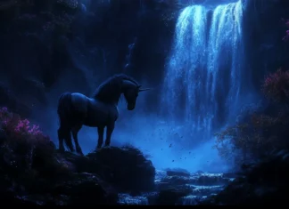 A breathtaking waterfall glows behind the unicorn in this Unicorn Wallpaper.