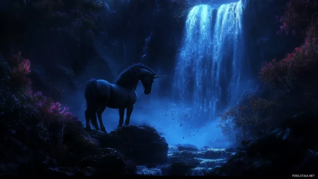 A breathtaking waterfall glows behind the unicorn in this Unicorn Wallpaper.