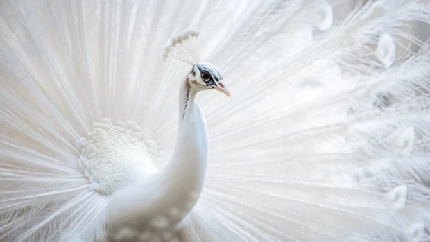 A breathtaking white peacock spreading its pale feathers in motion.