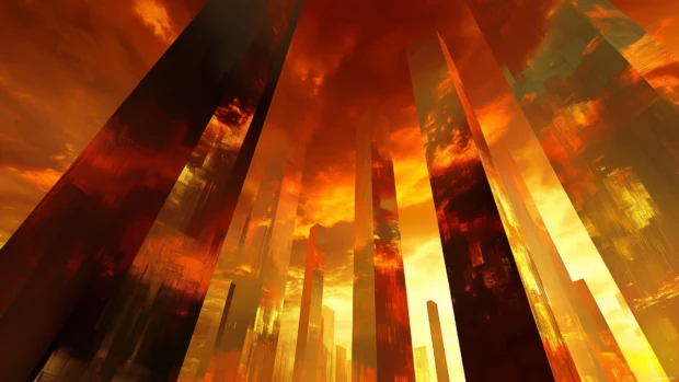 A bright city skyline, sunset, skyscrapers mirror sky tones.
