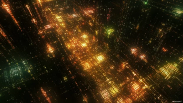 A bright metropolis skyline, night, window lights make glowing grid.