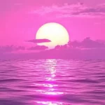 A bright pink purple sky on ocean, final sun rays vanish.