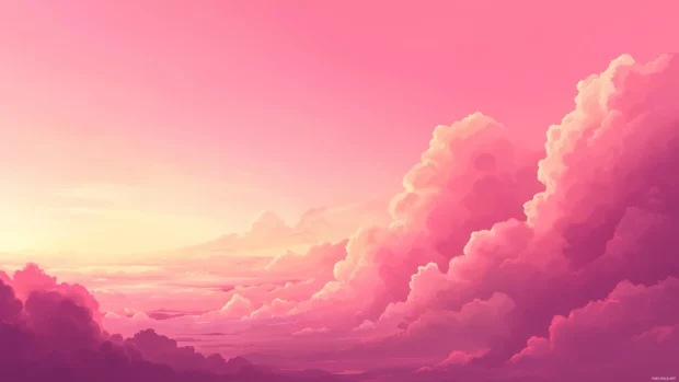 A bright pink sunset, cotton clouds, fades from light pink to magenta.