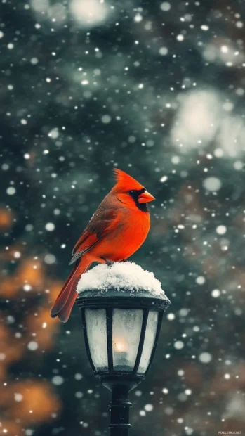 A bright red cardinal resting gently on a lamppost during snowfall.