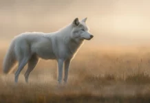 A bright white wolf standing in morning mist.