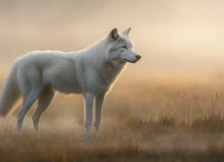 A bright white wolf standing in morning mist.