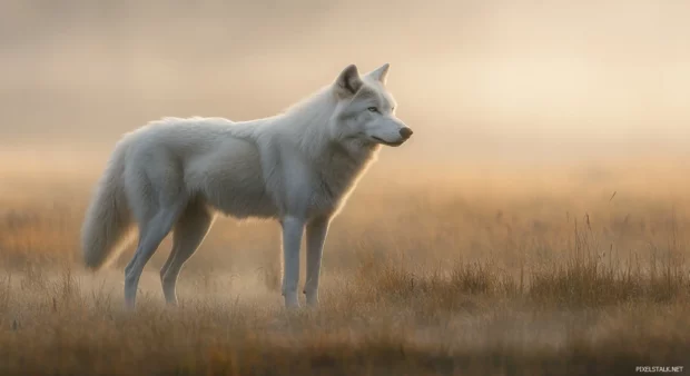 A bright white wolf standing in morning mist.