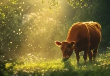 A brown cow chewing grass in morning sunlight.
