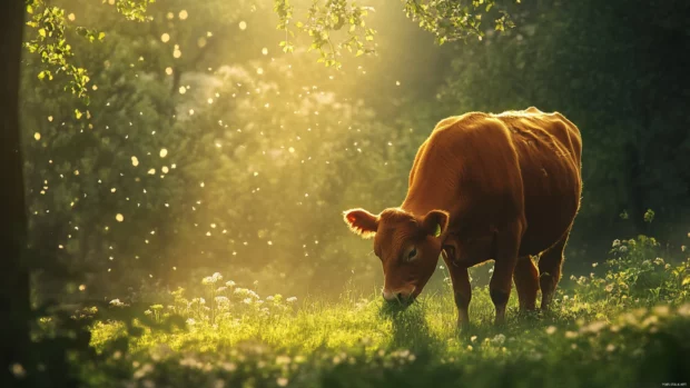 A brown cow chewing grass in morning sunlight.