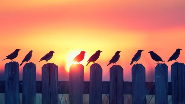 A burst of color behind birds perched peacefully on an old wooden fence at sunrise.