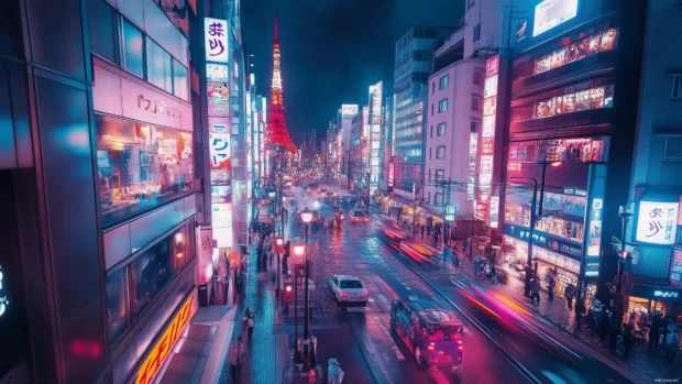 A bustling Tokyo Cityscape at night with iconic landmarks like the Tokyo Tower, vibrant neon lights, and busy streets.