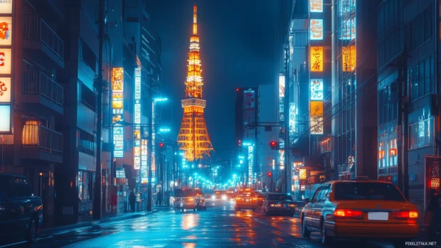 A bustling Tokyo cityscape at night with Tokyo Tower, neon lights, and busy streets.