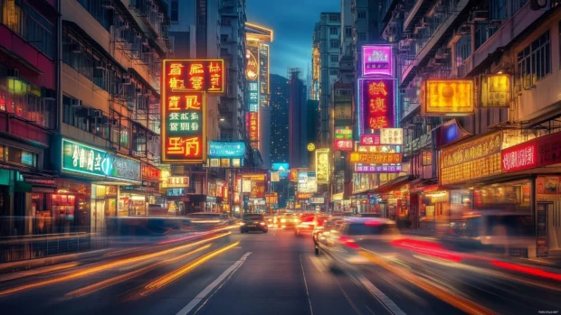 A bustling city street at night, with glowing neon signs and blurred motion from passing cars.