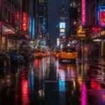 A busy city street at night with neon signs reflecting on rain soaked pavement .