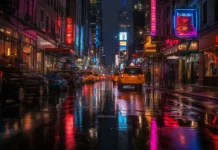 A busy city street at night with neon signs reflecting on rain soaked pavement .