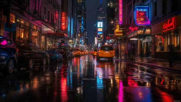 A busy city street at night with neon signs reflecting on rain soaked pavement .