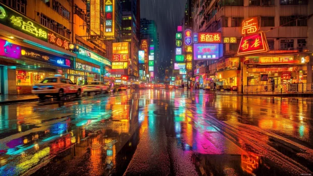 A busy city street at night with neon signs reflecting on rain soaked pavement.