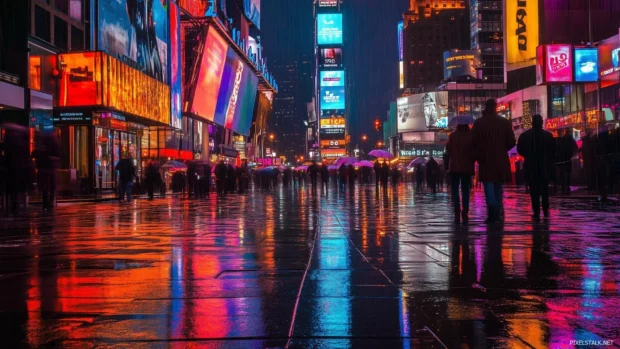 A busy city street at night with neon signs reflecting on rain soaked pavement.