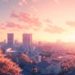 A calm anime city with smooth lines and a restrained color palette.