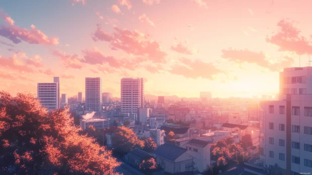 A calm anime city with smooth lines and a restrained color palette.