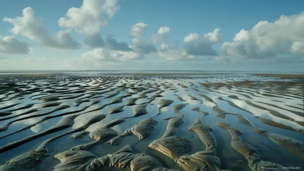 A calm beach at low tide, with flat sand and waves in the distance.