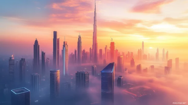 A calm city of the future with minimal design, sleek buildings, and integrated technology, set against a gradient sunset.