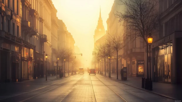 A calm city street at dawn, with just a few cars and streetlights.
