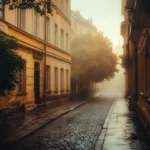 A calm city view with historic buildings, cobbled roads, and lush greenery, framed by a dreamy, misty background.