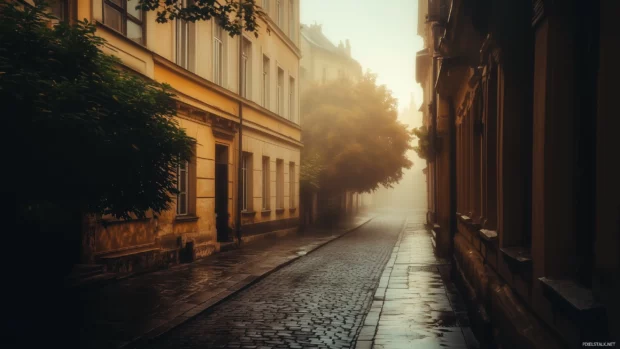 A calm city view with historic buildings, cobbled roads, and lush greenery, framed by a dreamy, misty background.